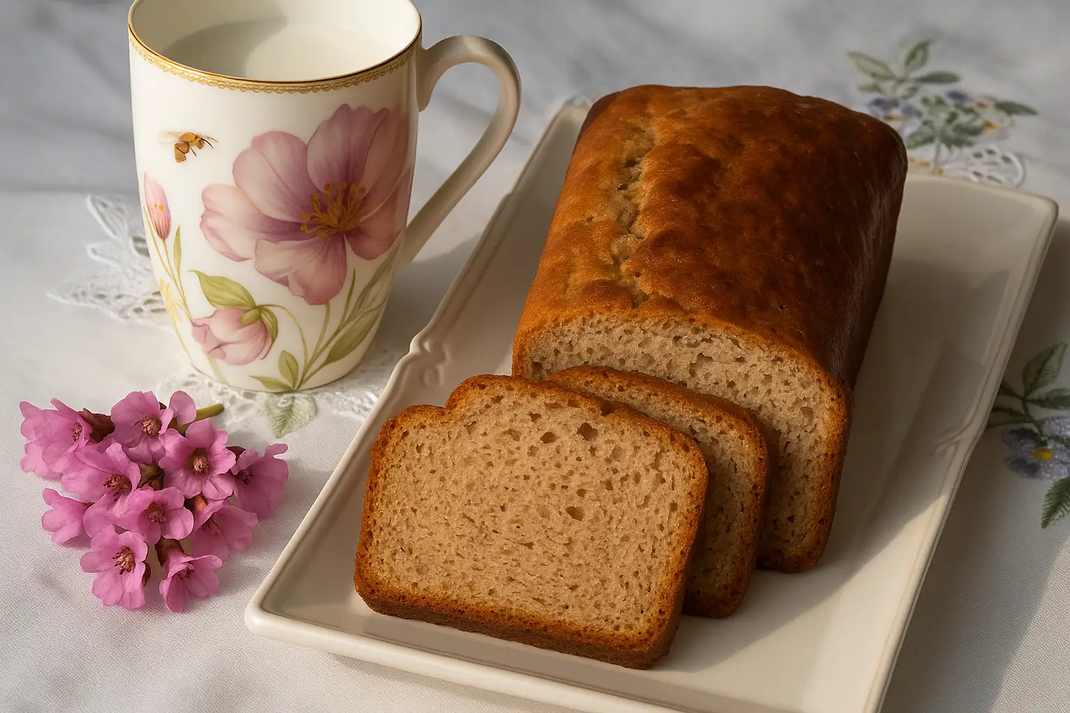 Cake banane coco maison sur une assiette dans une cuisine