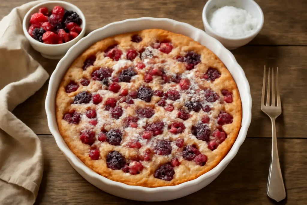 Clafoutis aux fruits rouges fait maison dans une cuisine familiale