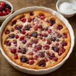 Clafoutis aux fruits rouges fait maison dans une cuisine familiale