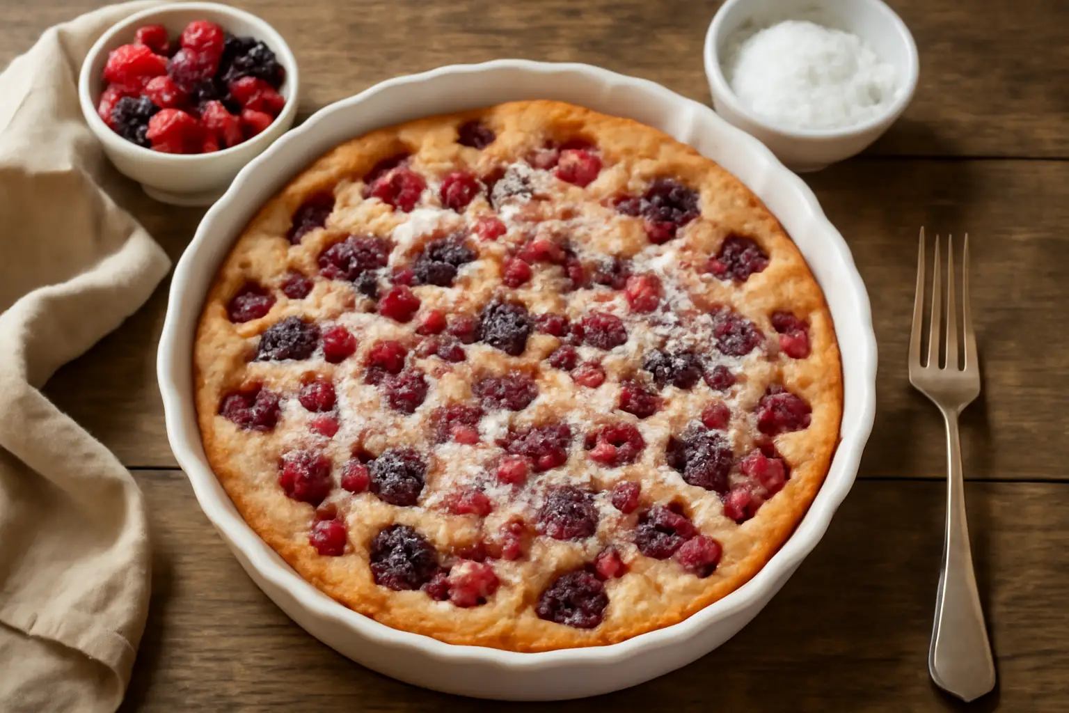 Clafoutis aux fruits rouges fait maison dans une cuisine familiale