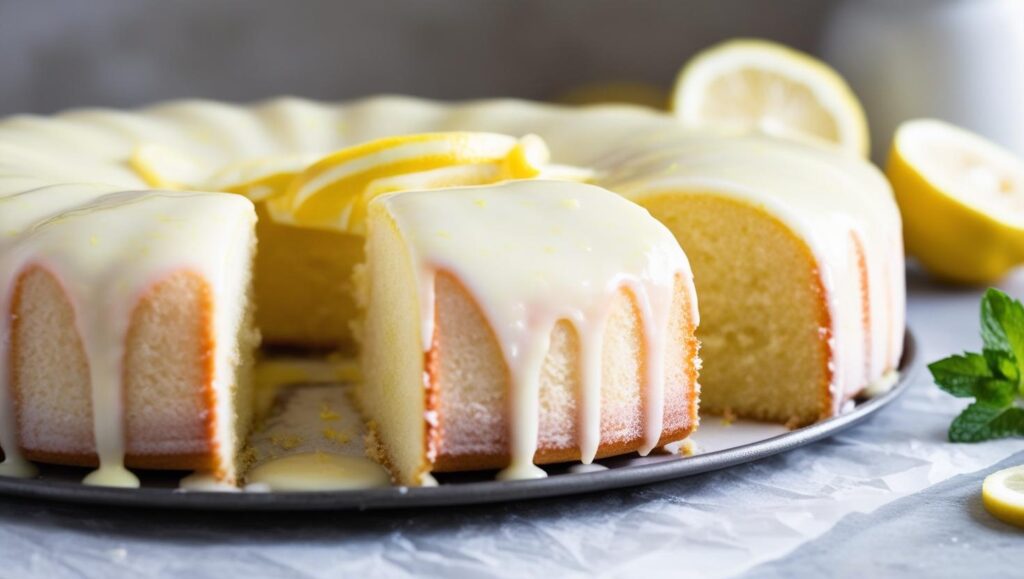 Gâteau au citron moelleux fait maison, sur une assiette dans une cuisine