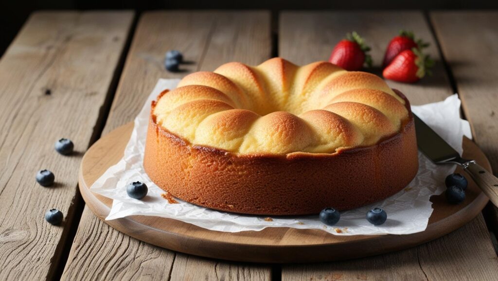 Gâteau au yaourt moelleux fait maison sur une table en bois