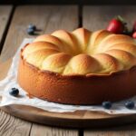 Gâteau au yaourt moelleux fait maison sur une table en bois