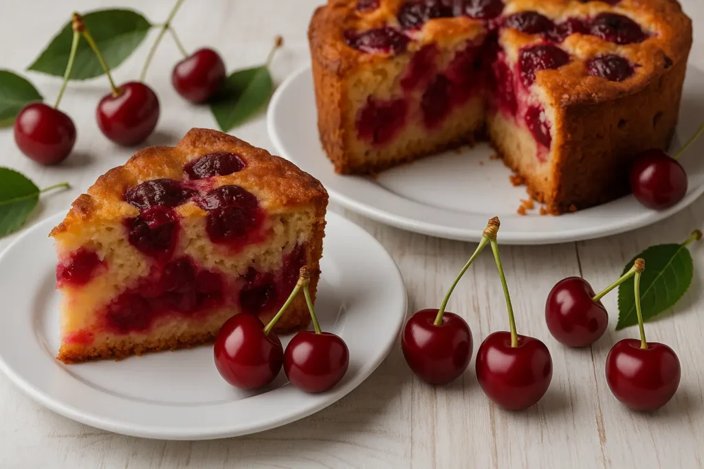 Gâteau aux cerises fait maison dans une cuisine rustique