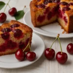 Gâteau aux cerises fait maison dans une cuisine rustique