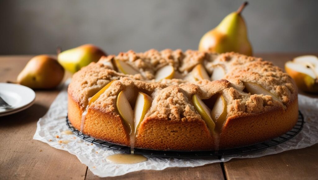 Gâteau aux poires moelleux fait maison dans une assiette