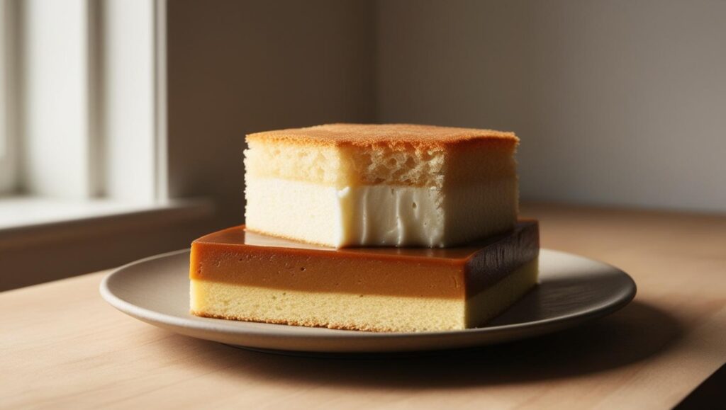 Gâteau magique aux trois textures : flan, crème et génoise dorée