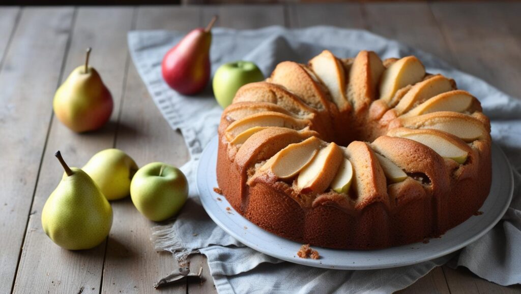 Gâteau pommes poires moelleux fait maison sur une table de cuisine familiale