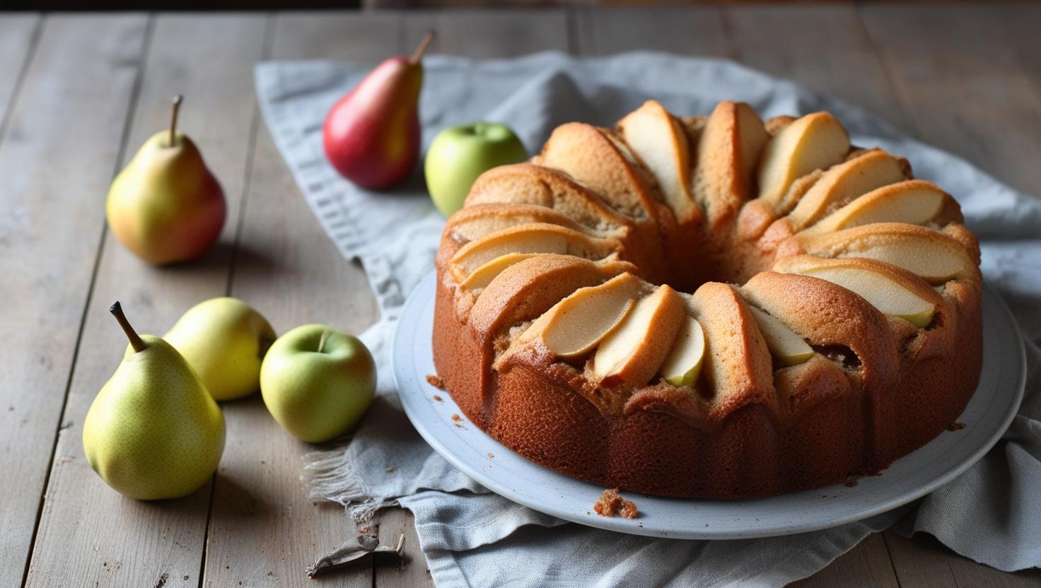Gâteau pommes poires moelleux fait maison sur une table de cuisine familiale
