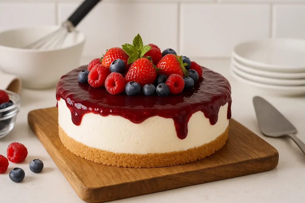 Cheesecake sans cuisson aux fruits rouges décoré de fraises et myrtilles sur une assiette