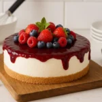 Cheesecake sans cuisson aux fruits rouges décoré de fraises et myrtilles sur une assiette