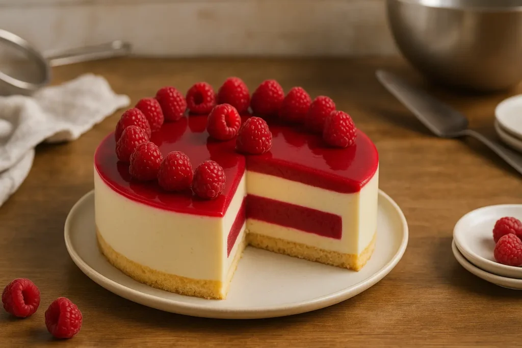 Entremet framboise chocolat blanc fait maison dans une cuisine