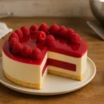 Entremet framboise chocolat blanc fait maison dans une cuisine