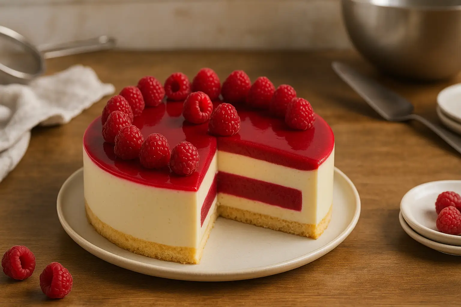 Entremet framboise chocolat blanc fait maison dans une cuisine