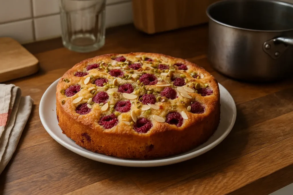 Gâteau aux framboises et pistaches fait maison dans une cuisine authentique, avec décor simple et éclairage naturel.