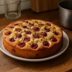 Gâteau aux framboises et pistaches fait maison dans une cuisine authentique, avec décor simple et éclairage naturel.