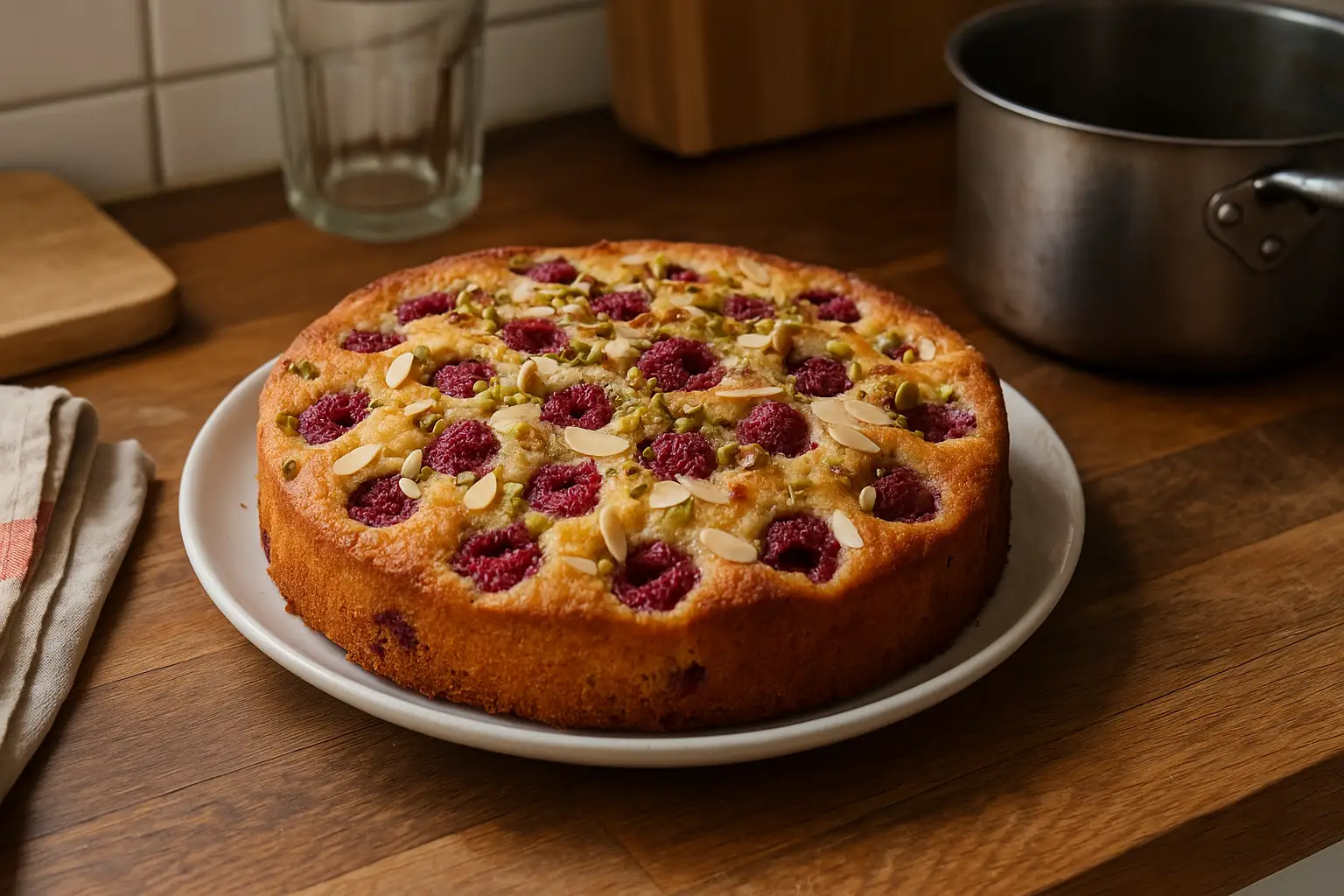 Gâteau aux framboises et pistaches fait maison dans une cuisine authentique, avec décor simple et éclairage naturel.