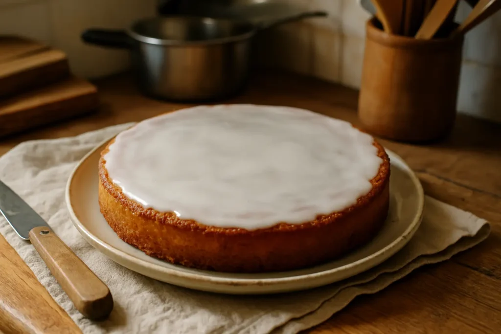 Gâteau nantais moelleux au rhum sur assiette, dans une cuisine familiale