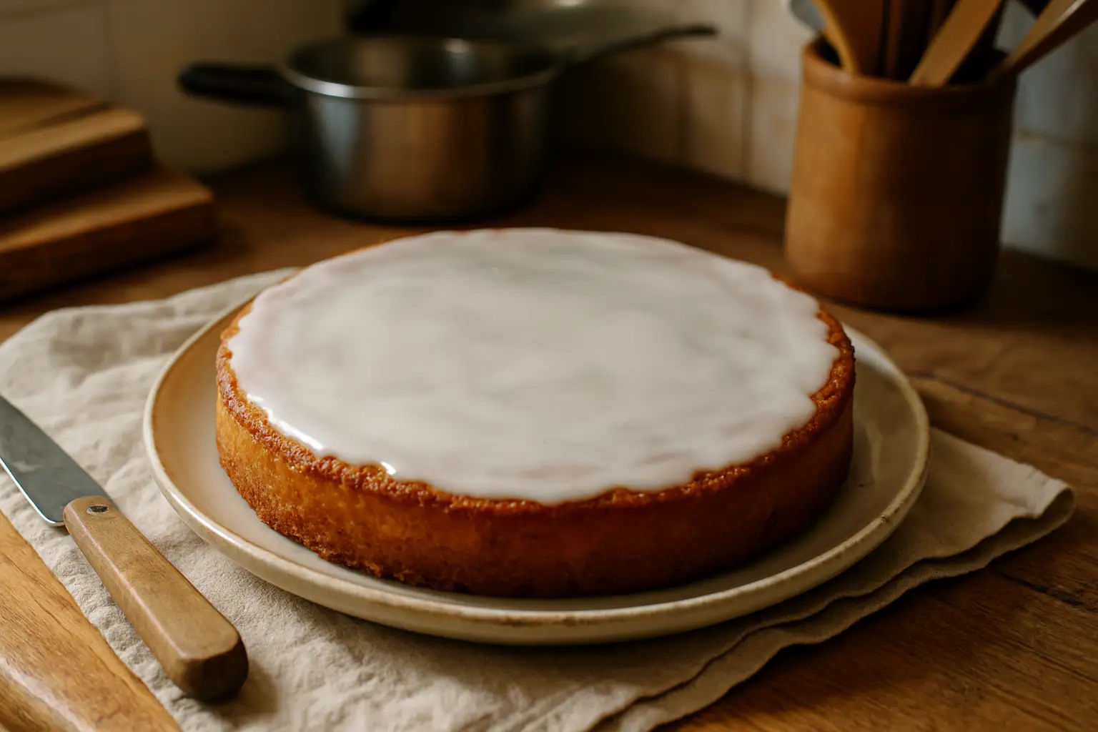 Gâteau nantais moelleux au rhum sur assiette, dans une cuisine familiale