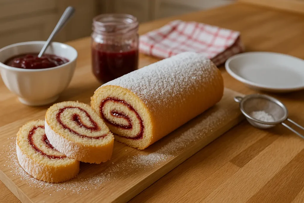 Gâteau roulé à la confiture de framboises fait maison