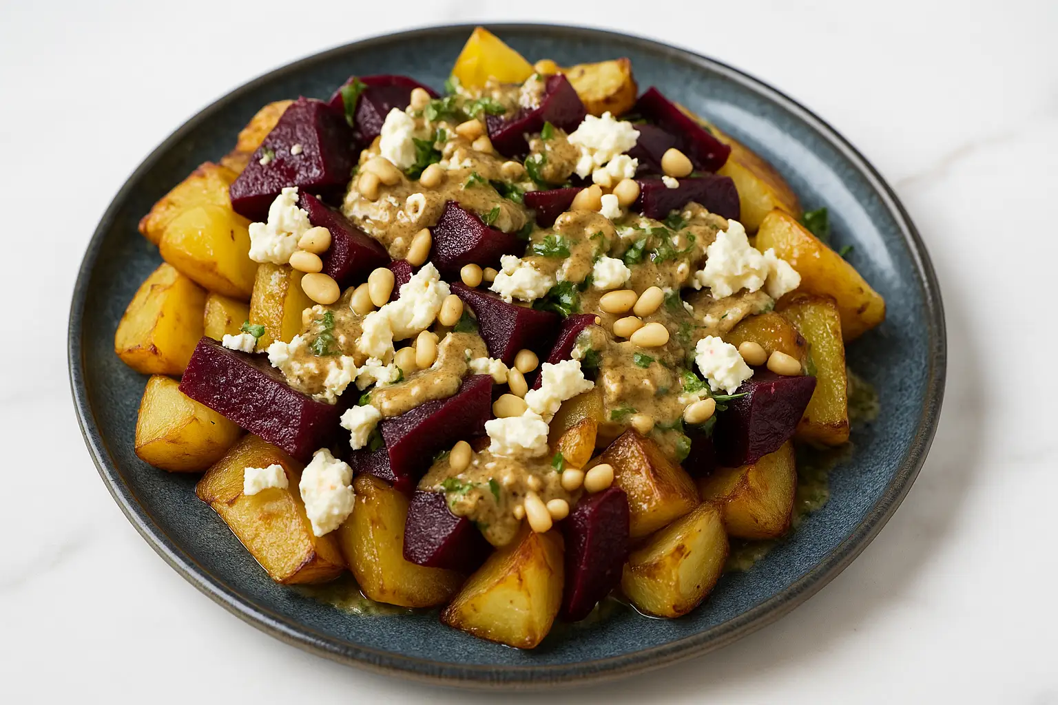 Salade maison de pommes de terre et betteraves servie froide