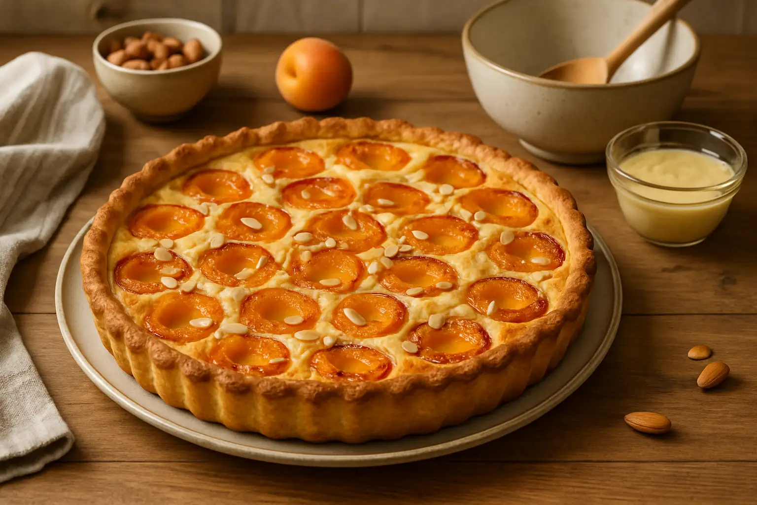 Tarte aux abricots maison dorée sur une assiette