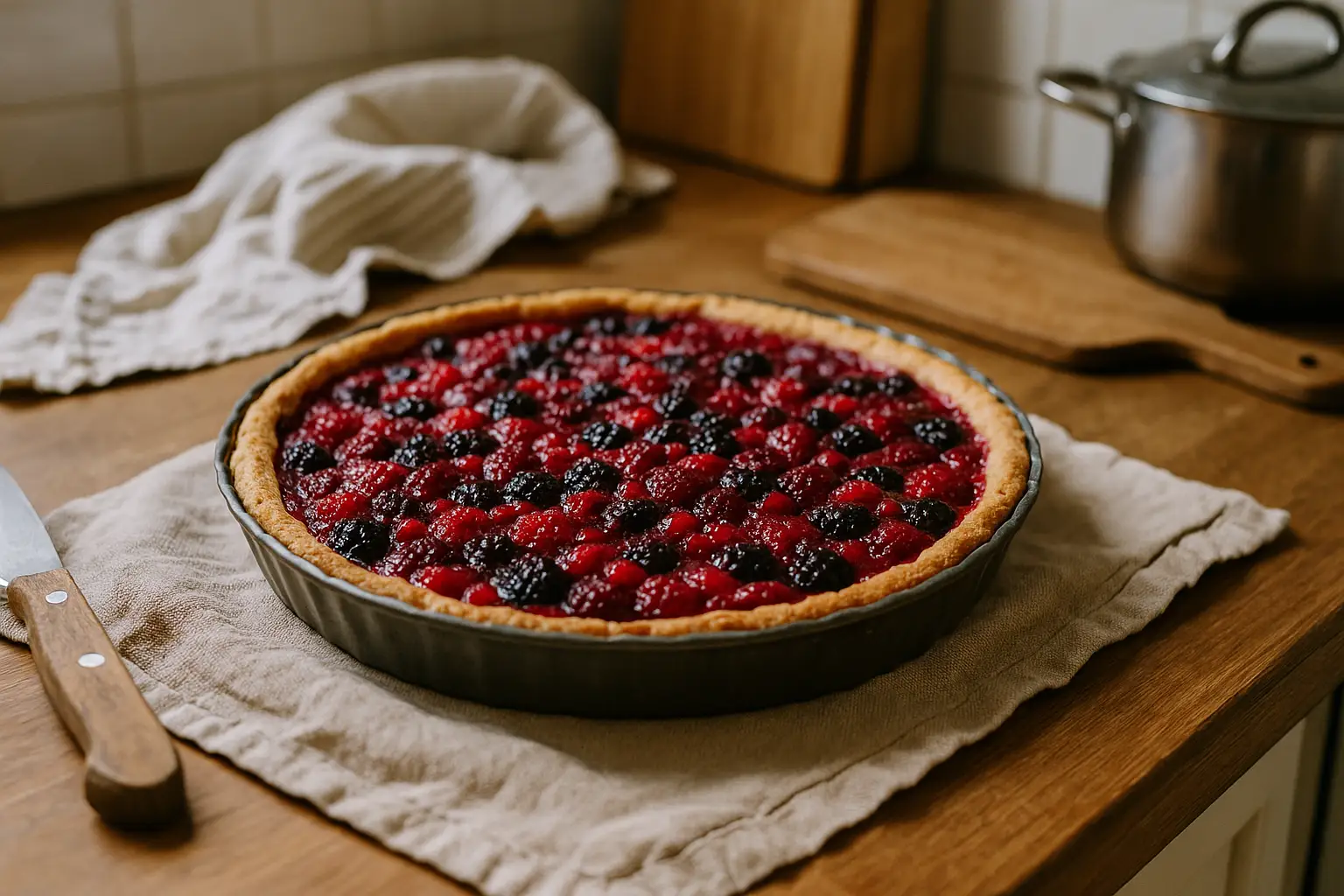 Tarte aux fruits rouges faite maison dans une cuisine familiale