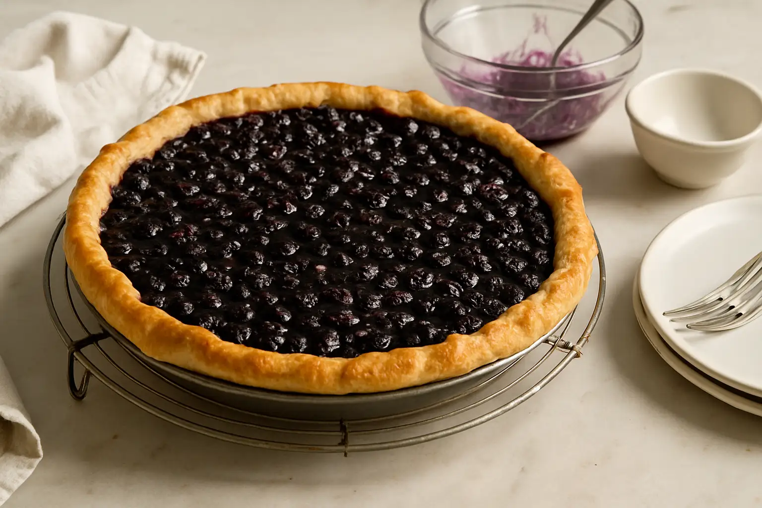 Tarte aux myrtilles maison sortie du four sur table de cuisine