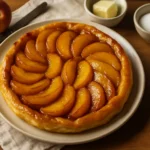 Tarte tatin aux pêches caramélisées dorées sortie du four dans une cuisine familiale