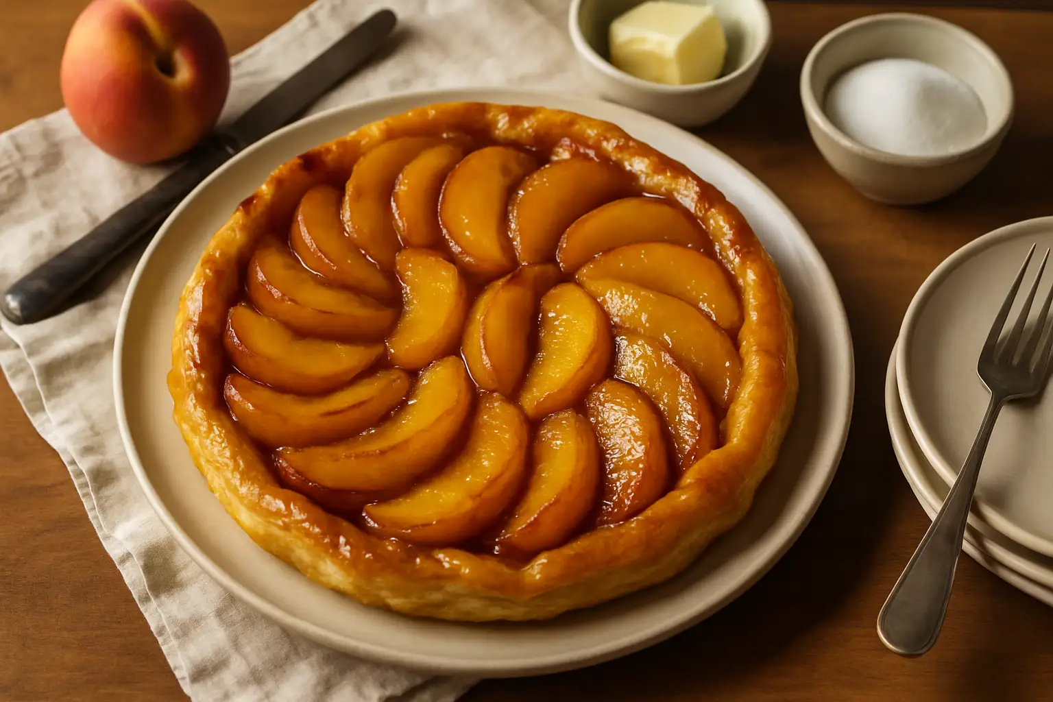 Tarte tatin aux pêches caramélisées dorées sortie du four dans une cuisine familiale