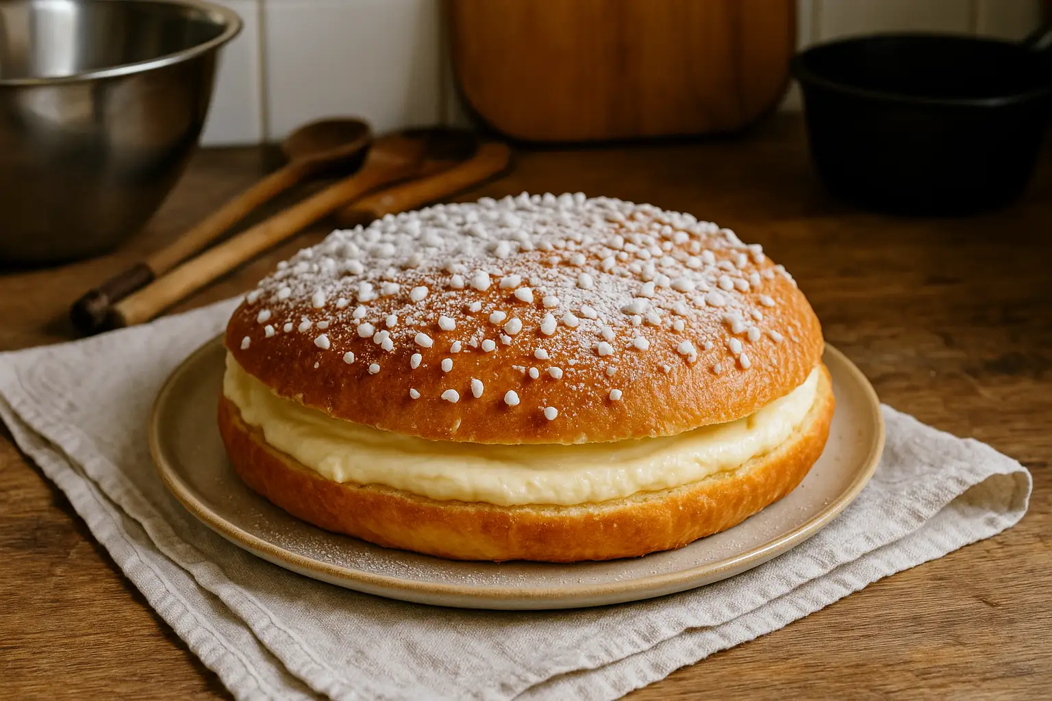 Tarte tropézienne maison – brioche garnie de crème mousseline à la fleur d’oranger