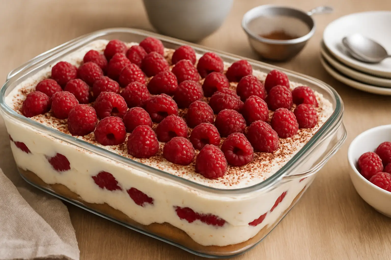 Tiramisu aux fruits rouges dans une verrine, décoré de fruits frais