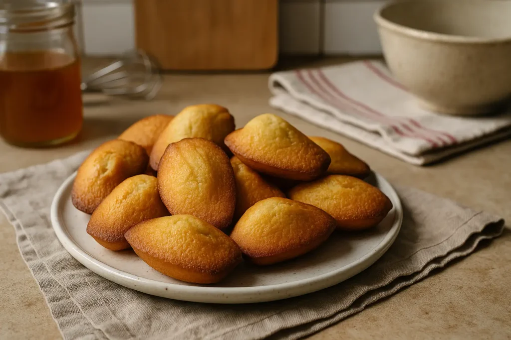 Madeleines au miel dorées servies dans une assiette sur un plan de travail de cuisine avec un pot de miel et un fouet en arrière-plan.