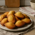 Madeleines au miel dorées servies dans une assiette sur un plan de travail de cuisine avec un pot de miel et un fouet en arrière-plan.