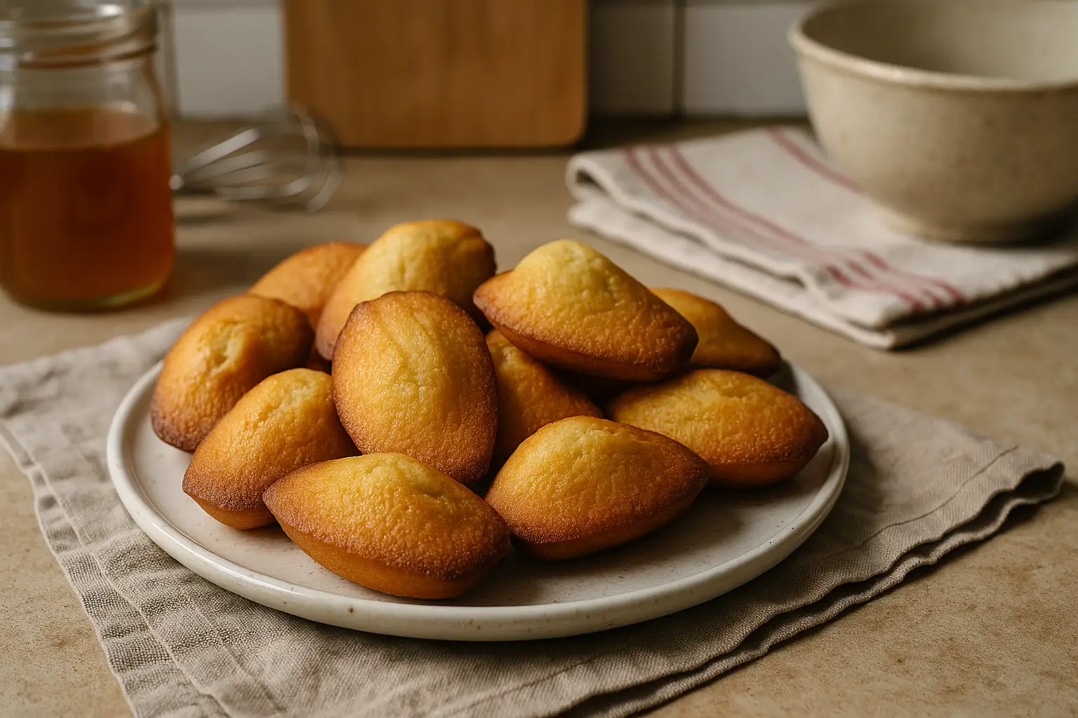 Madeleines au miel dorées servies dans une assiette sur un plan de travail de cuisine avec un pot de miel et un fouet en arrière-plan.