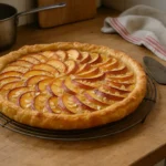 Tarte aux nectarines maison dans une cuisine avec fond rustique