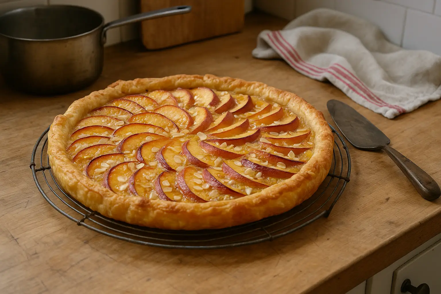 Tarte aux nectarines maison dans une cuisine avec fond rustique
