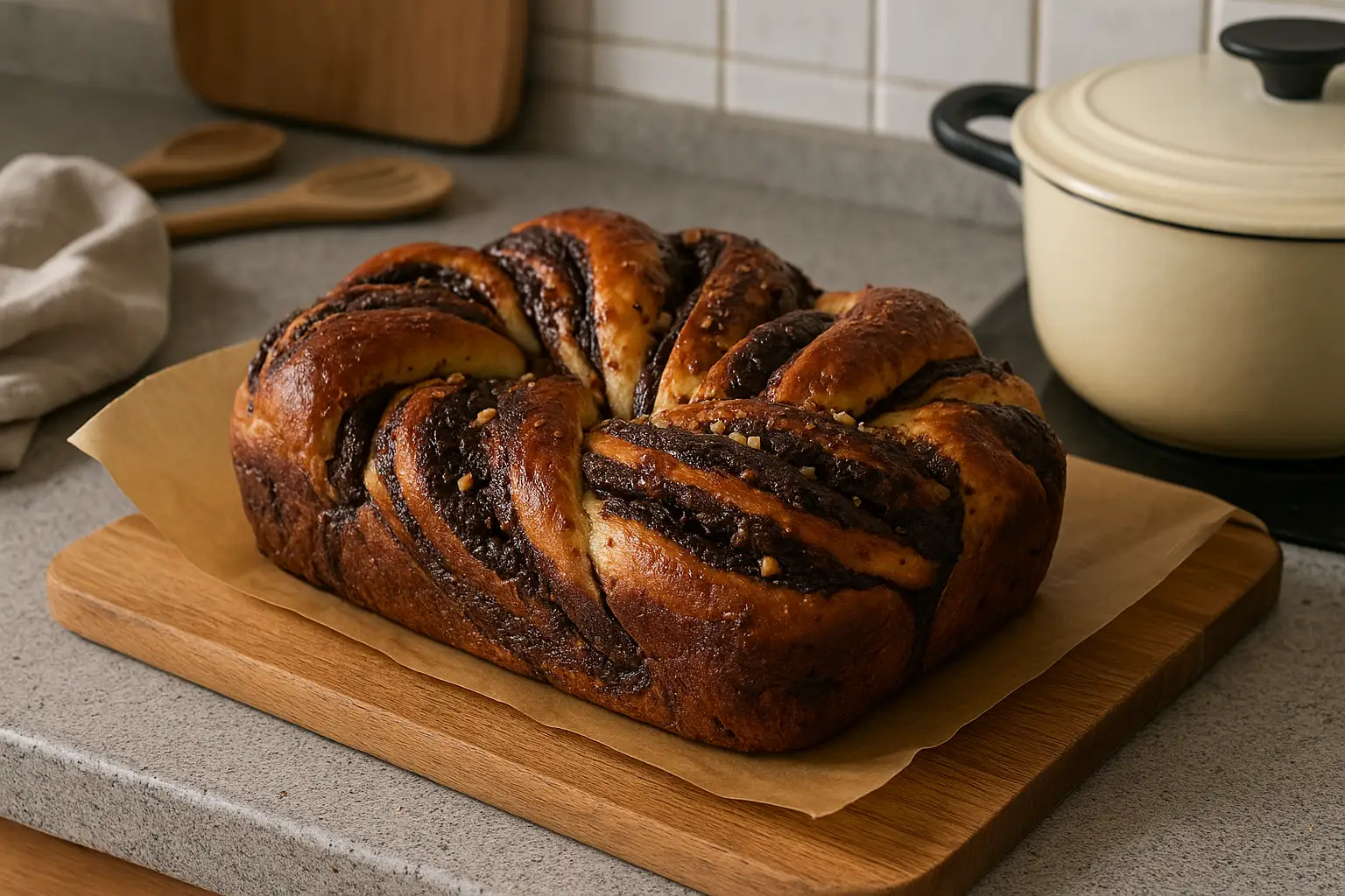 Babka au chocolat moelleuse faite maison dans une cuisine familiale