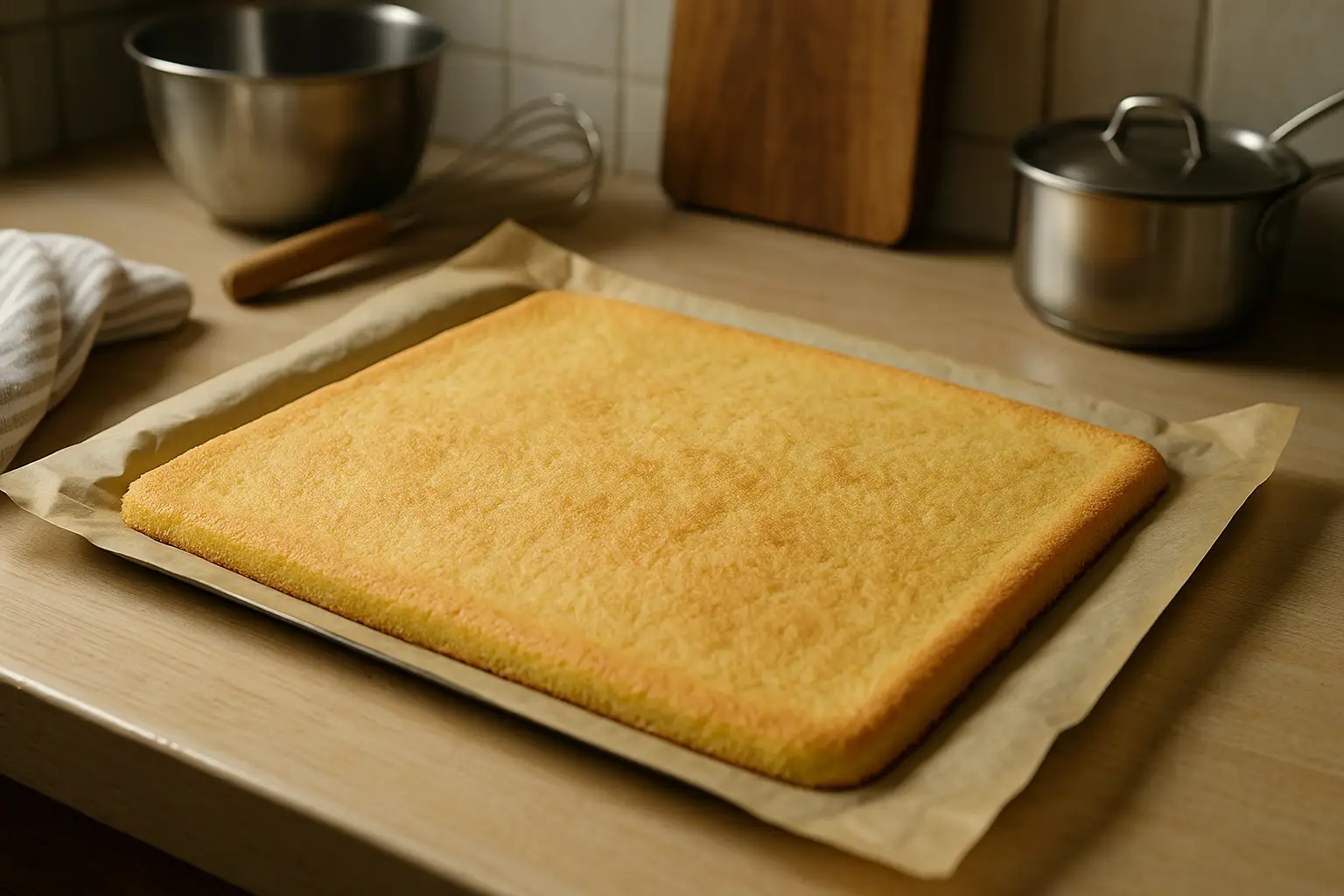 Biscuit joconde moelleux fait maison dans une cuisine familiale