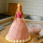 Photo d’un gâteau Barbie d’anniversaire fait maison, décoré de crème rose et perles en sucre, avec une poupée Barbie au centre dans une cuisine familiale.