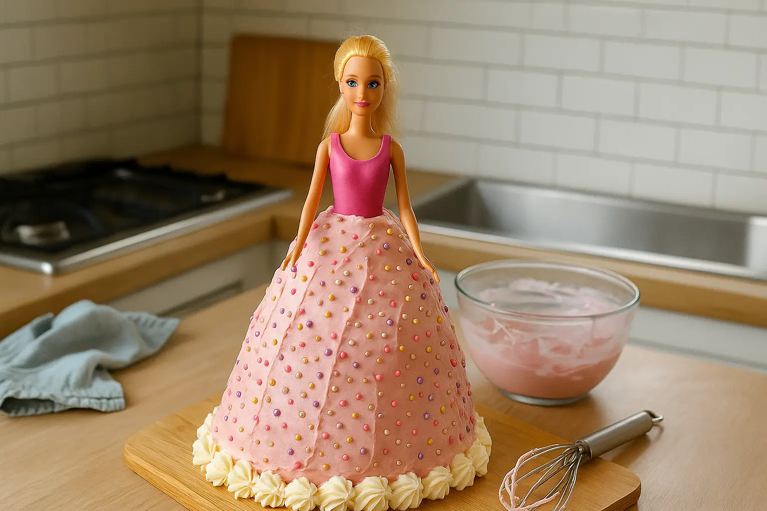 Photo d’un gâteau Barbie d’anniversaire fait maison, décoré de crème rose et perles en sucre, avec une poupée Barbie au centre dans une cuisine familiale.