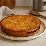 Gâteau basque à la cerise maison posé sur une table de cuisine avec ustensiles autour