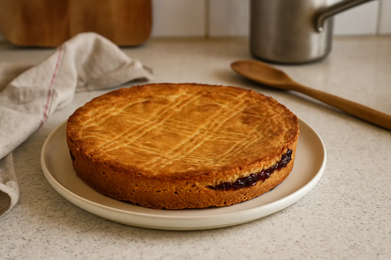Gâteau basque à la cerise maison posé sur une table de cuisine avec ustensiles autour