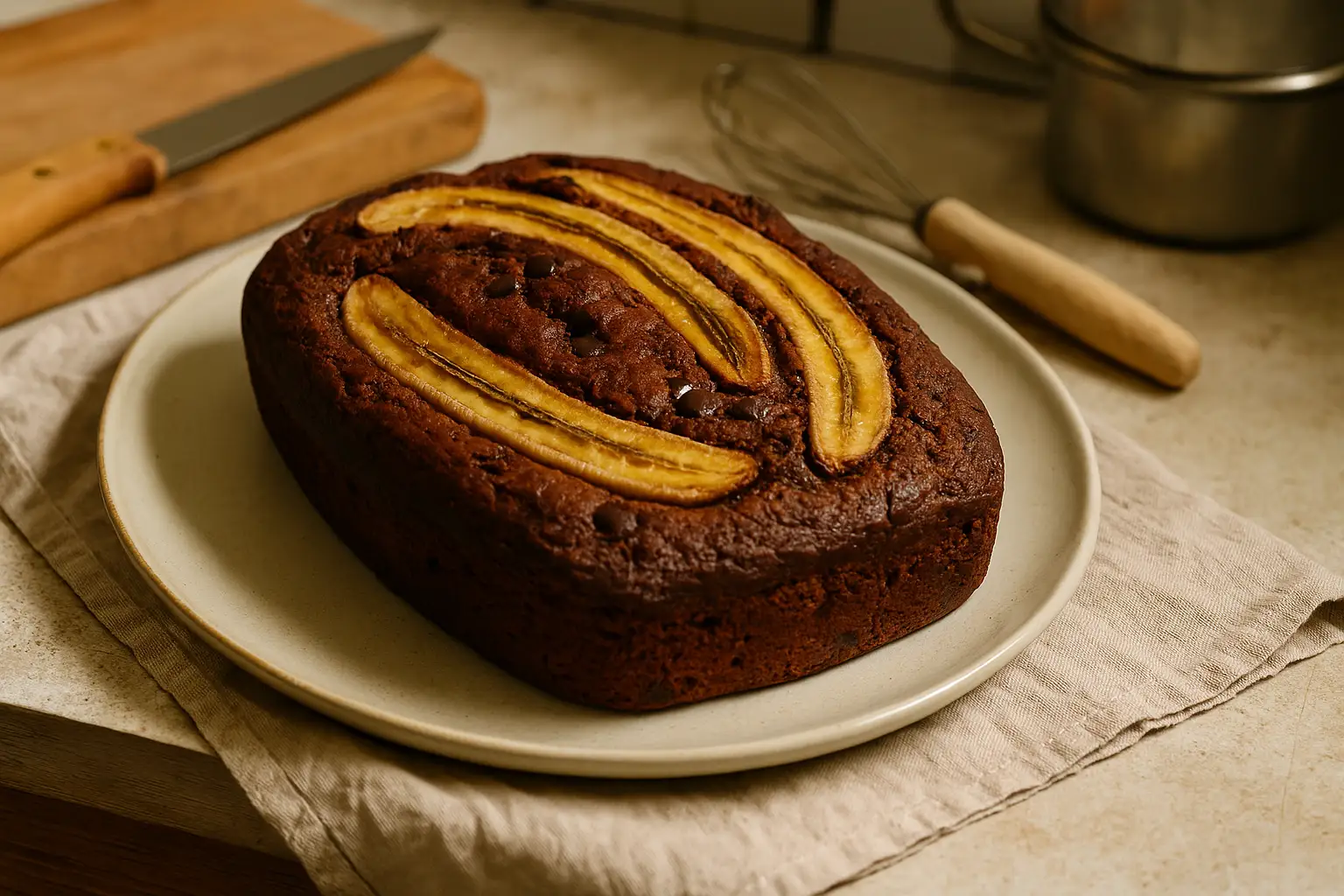 Gâteau à la banane et au chocolat fait maison sur une table de cuisine