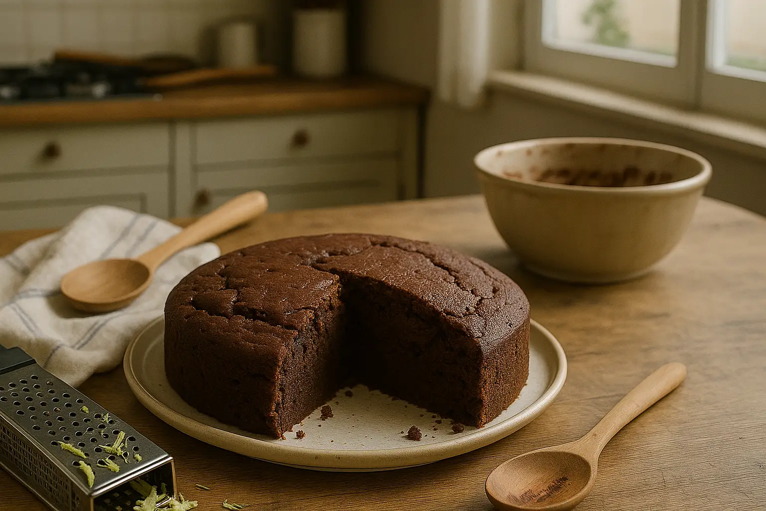 Gâteau au chocolat courgette moelleux fait maison dans une cuisine