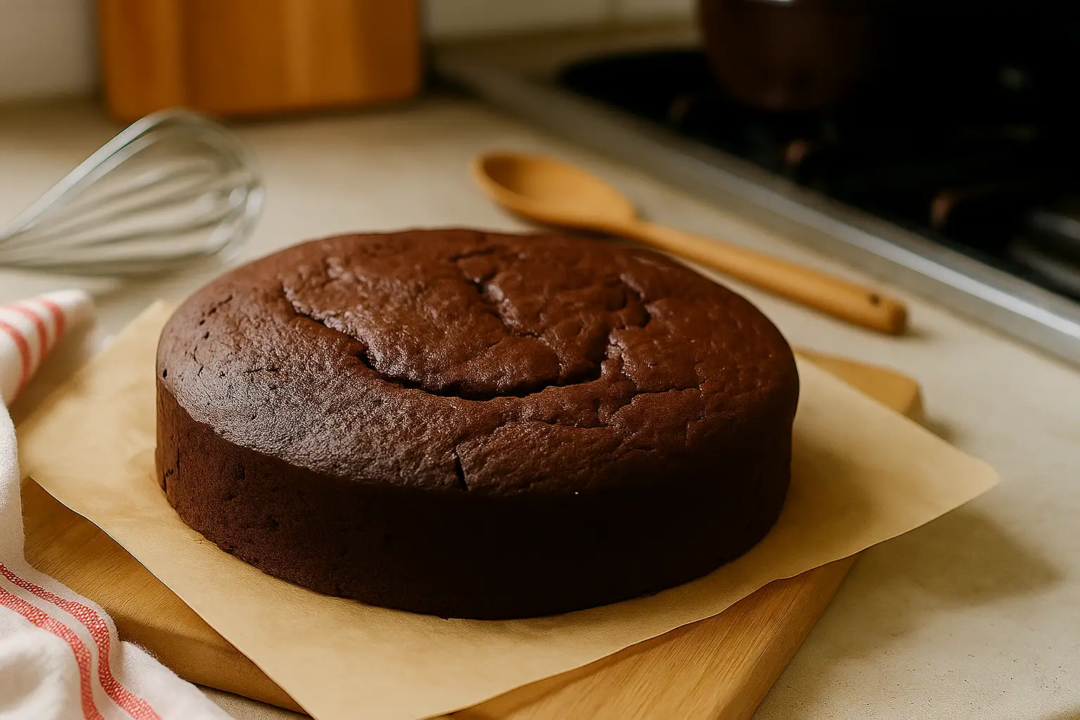 Gâteau au chocolat léger moelleux fait maison sur plan de travail de cuisine