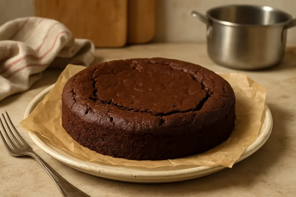 Gâteau au chocolat sans sucre fait maison, photographié dans une cuisine familiale