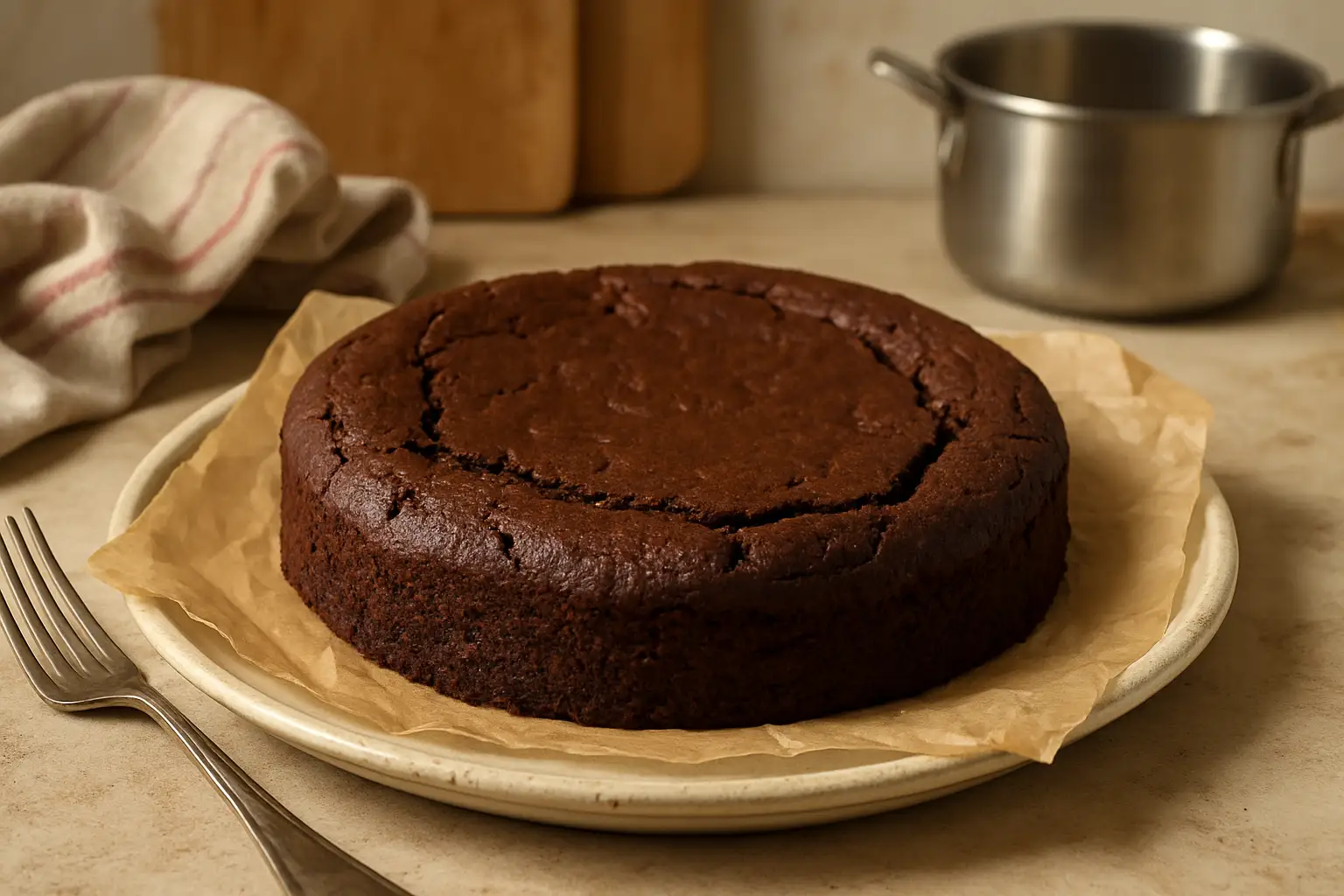 Gâteau au chocolat sans sucre fait maison, photographié dans une cuisine familiale