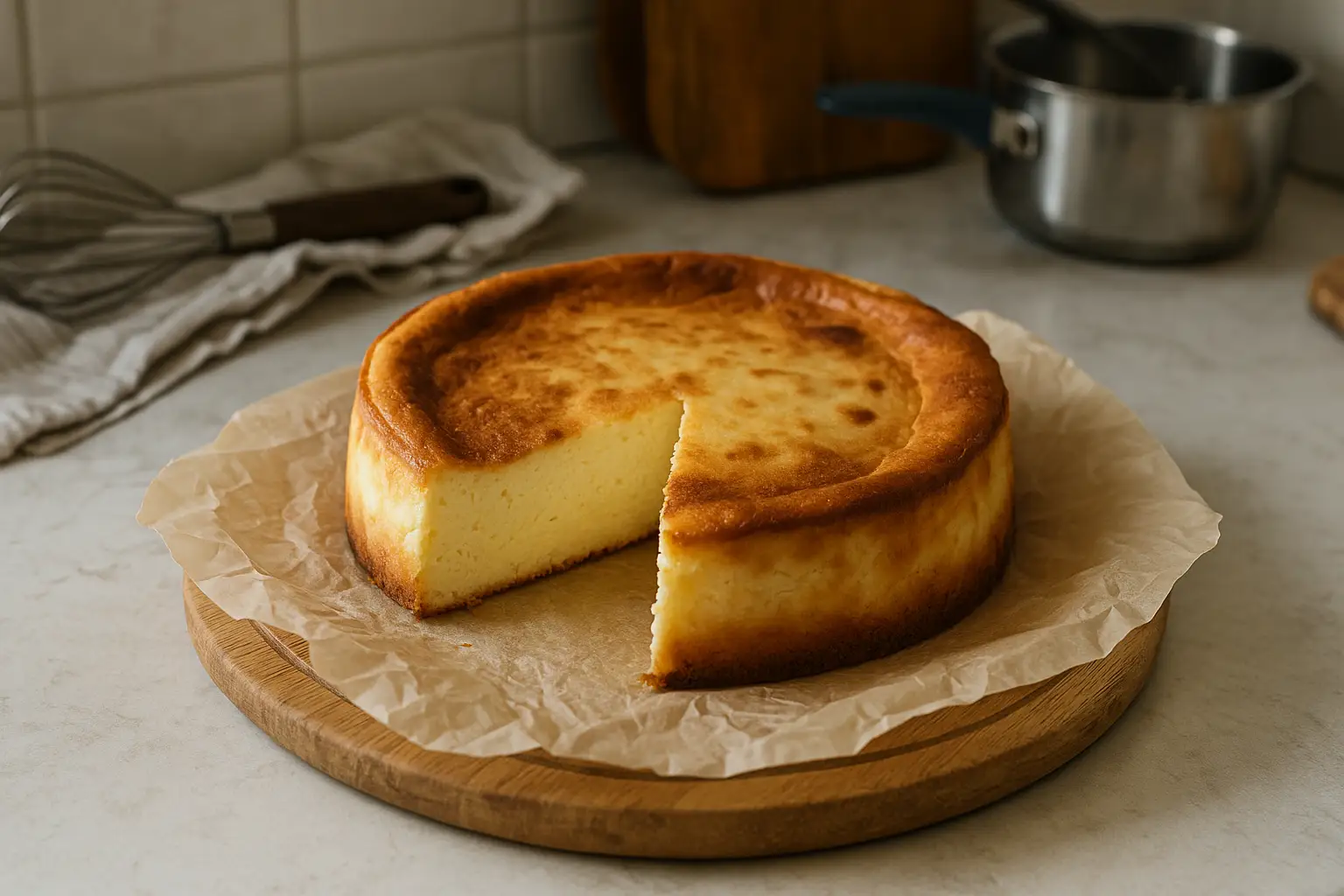 Gâteau au fromage blanc moelleux et léger fait maison dans une cuisine