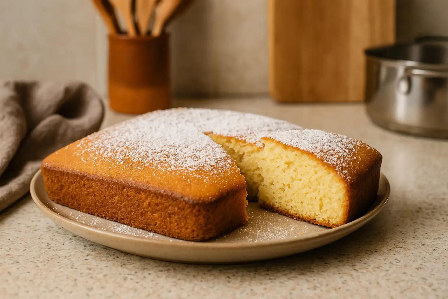 Gâteau au lait concentré sucré moelleux, fait maison dans une cuisine familiale.